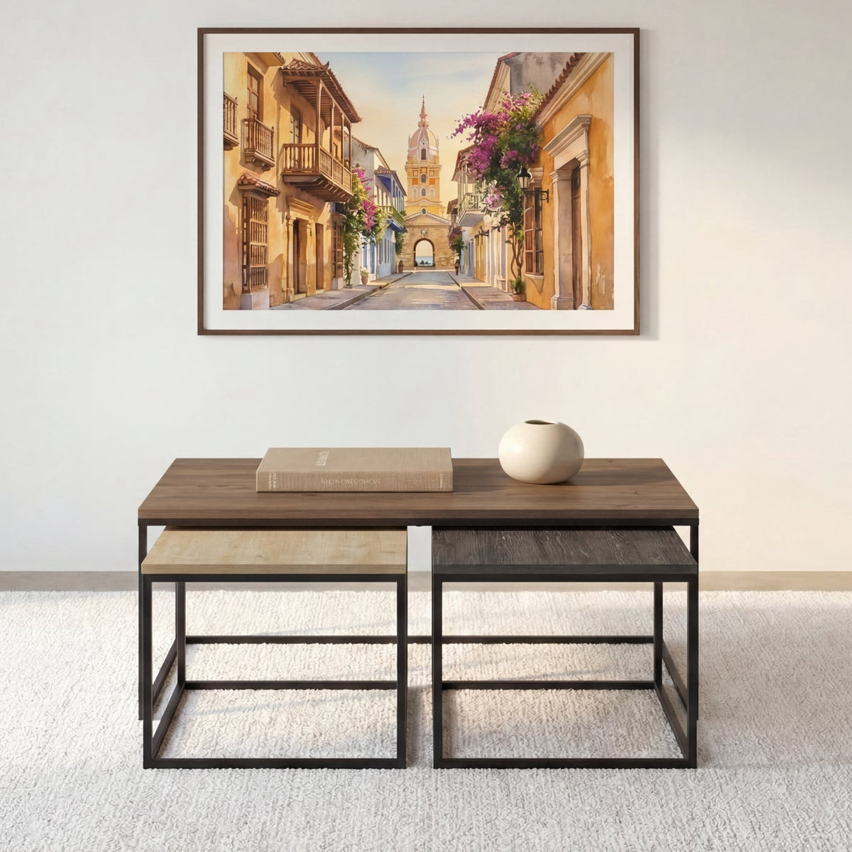 Set de 3 tables CASANOVA Opal basses rectangulaires 110 cm pieds en bois foncé et métal — photo produit