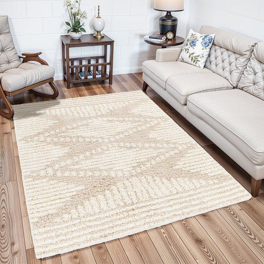 Tapis Shaggy Bohème Blanc/Beige Tuzla