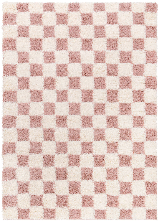 Tapis Shaggy à Carreaux Rose/Ivoire Dewas