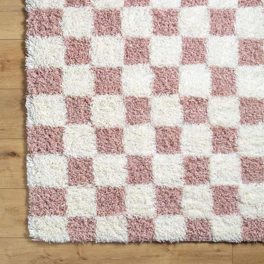 Tapis Shaggy à Carreaux Rose/Ivoire Dewas