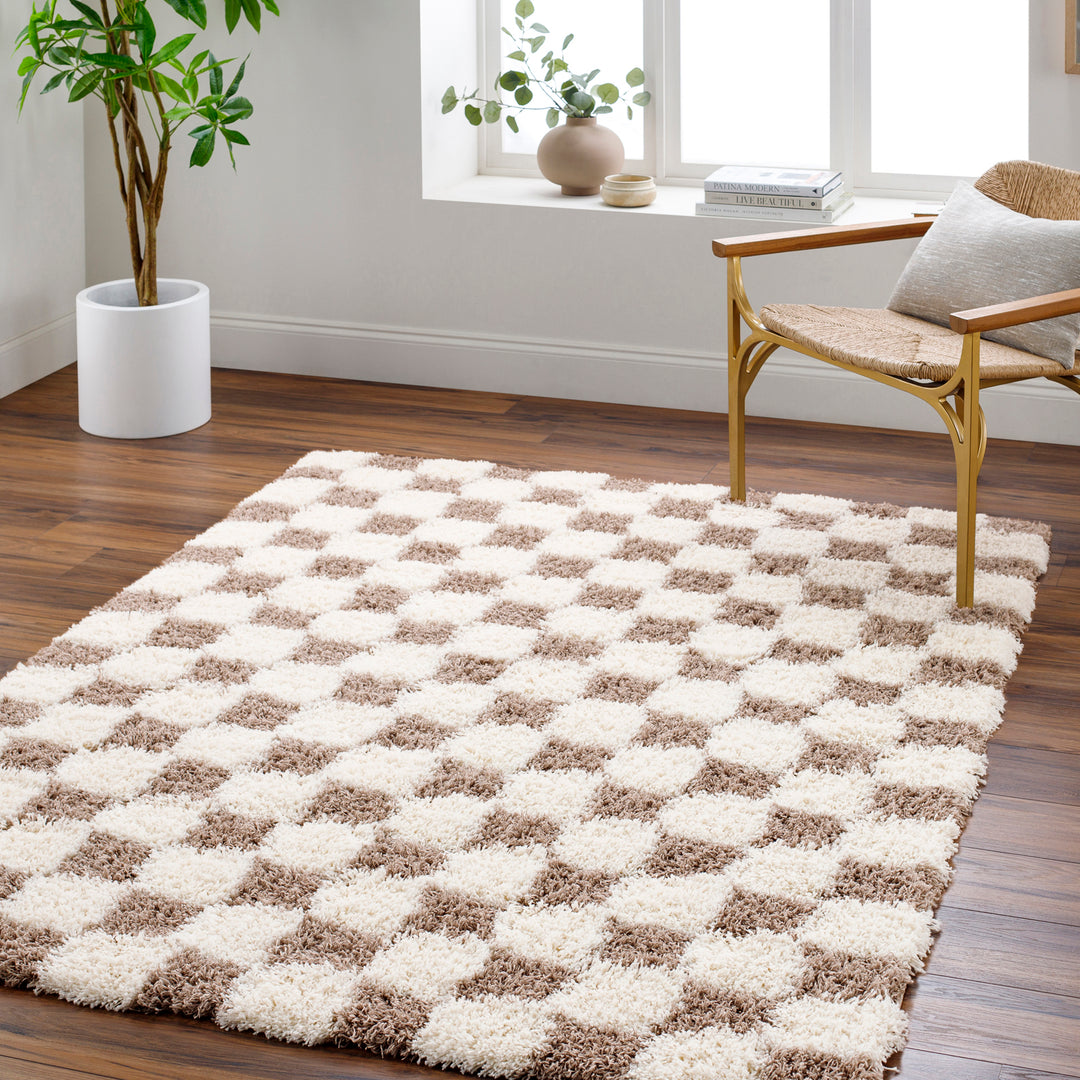 Tapis Shaggy à Carreaux Marron/Ivoire Dewas