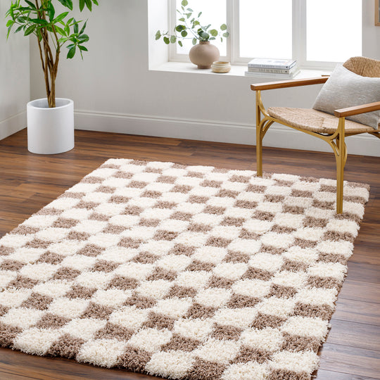 Tapis Shaggy à Carreaux Marron/Ivoire Dewas