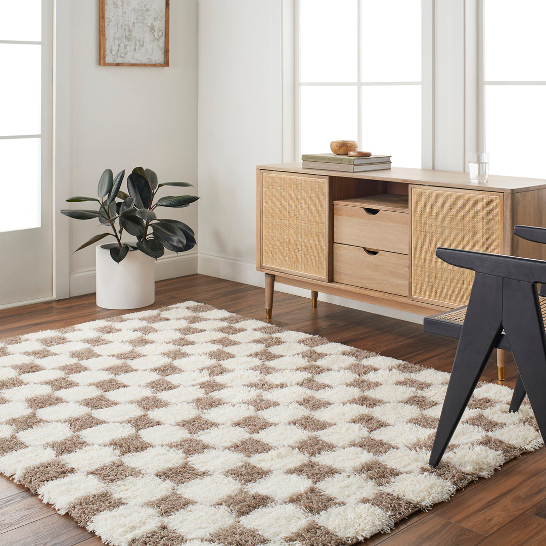 Tapis Shaggy à Carreaux Marron/Ivoire Dewas