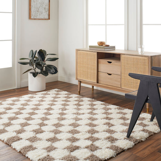 Tapis Shaggy à Carreaux Marron/Ivoire Dewas