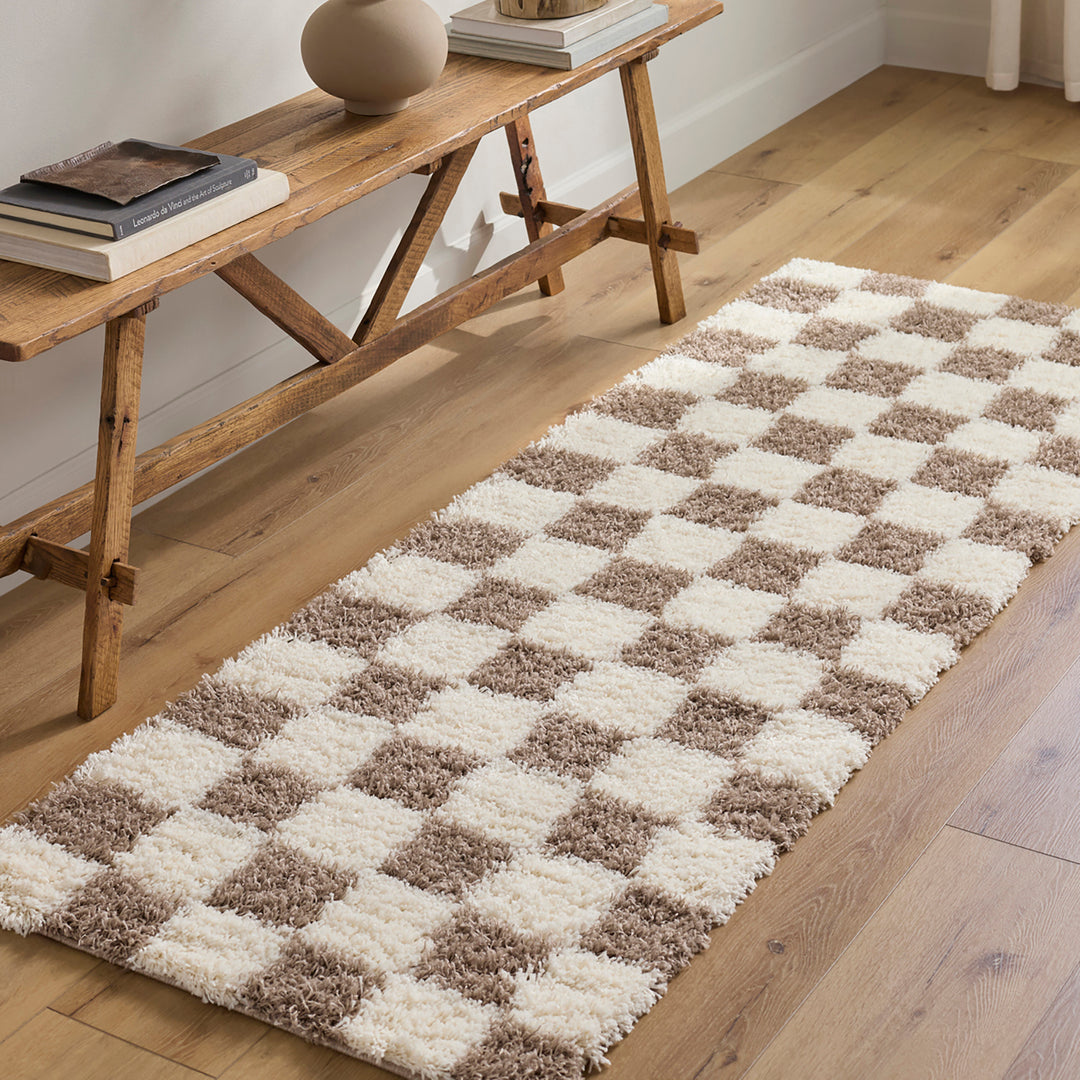 Tapis Shaggy à Carreaux Marron/Ivoire Dewas