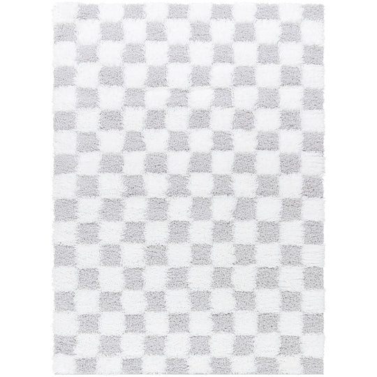 Tapis Shaggy à Carreaux Ivoire/Gris Clair Dewas