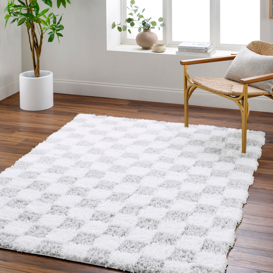 Tapis Shaggy à Carreaux Ivoire/Gris Clair Dewas