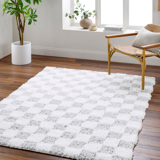 Tapis Shaggy à Carreaux Ivoire/Gris Clair Dewas