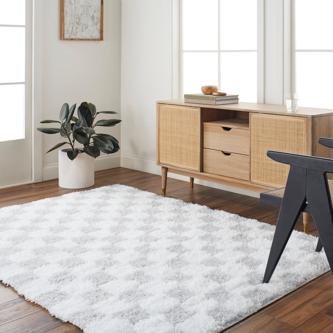 Tapis Shaggy à Carreaux Ivoire/Gris Clair Dewas