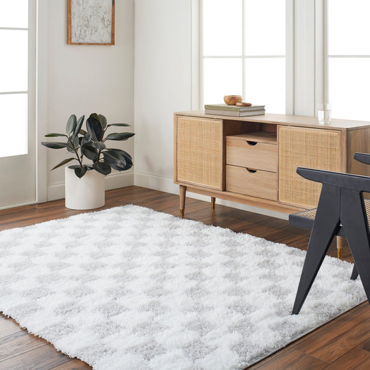 Tapis Shaggy à Carreaux Ivoire/Gris Clair Dewas