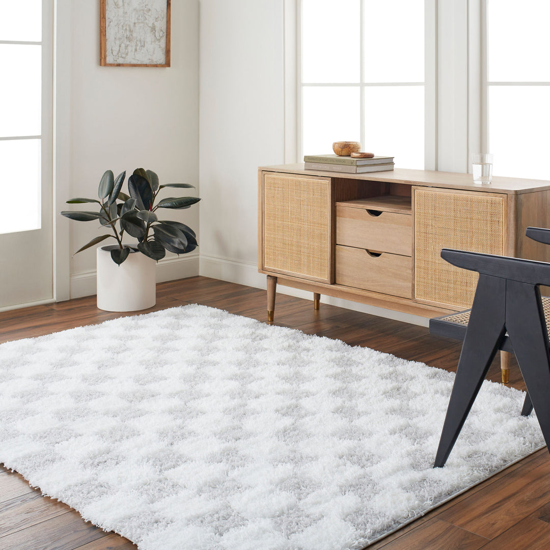 Tapis Shaggy à Carreaux Ivoire/Gris Clair Dewas
