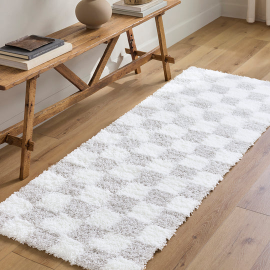 Tapis Shaggy à Carreaux Ivoire/Gris Clair Dewas