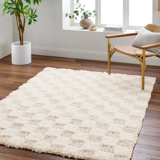 Tapis Shaggy à Carreaux Ivoire/Beige Clair Dewas