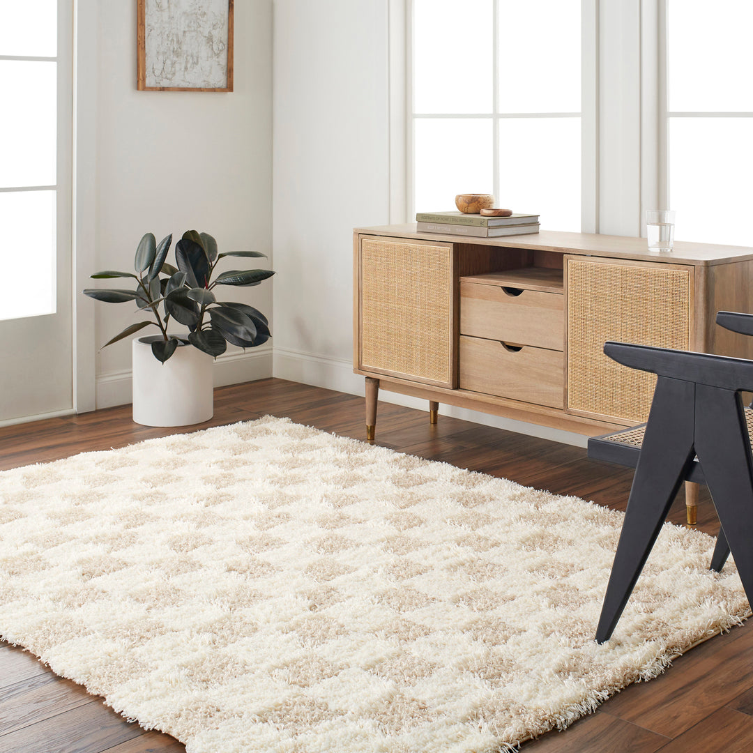 Tapis Shaggy à Carreaux Ivoire/Beige Clair Dewas