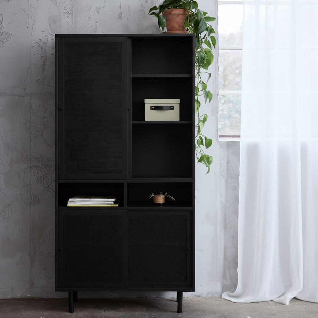 Vaisselier DRAWER Kiso 4 portes 2 niches en métal noir H180cm