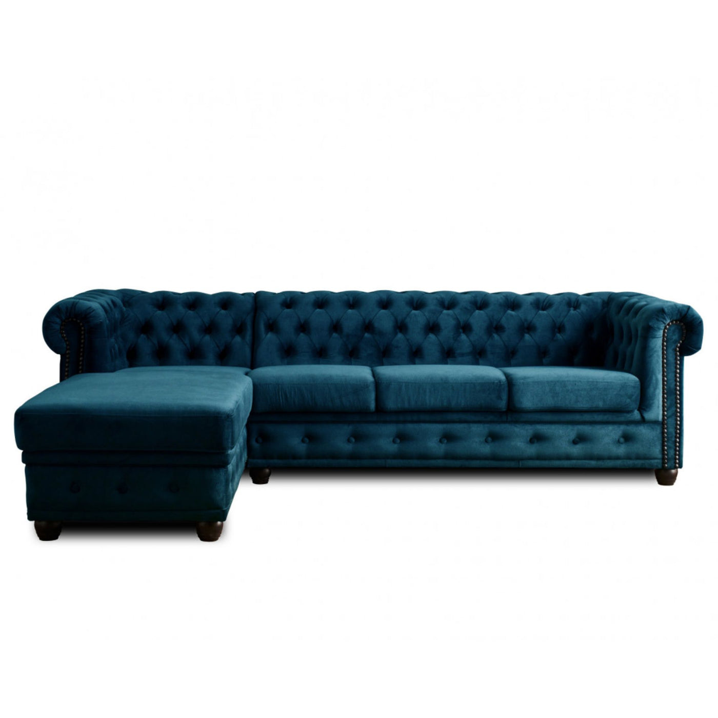 Canapé d'angle gauche William Chesterfield 4 places en velours bleu canard