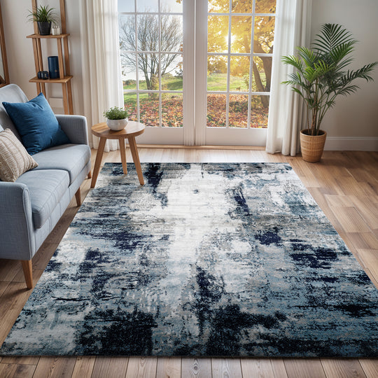 Tapis de Couloir Abstrait Moderne Bleu/Blanc/Gris Helsinki