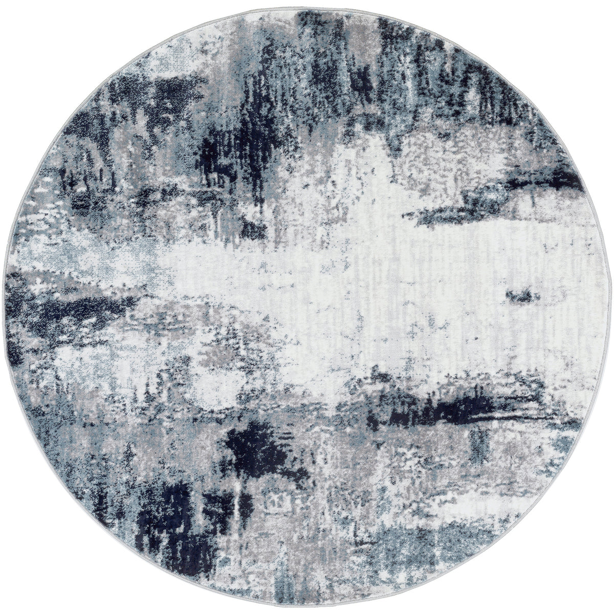 Tapis rond SURYA Helsinki moderne, motif abstrait bleu encre et anthracite sur fond blanc, vue 2