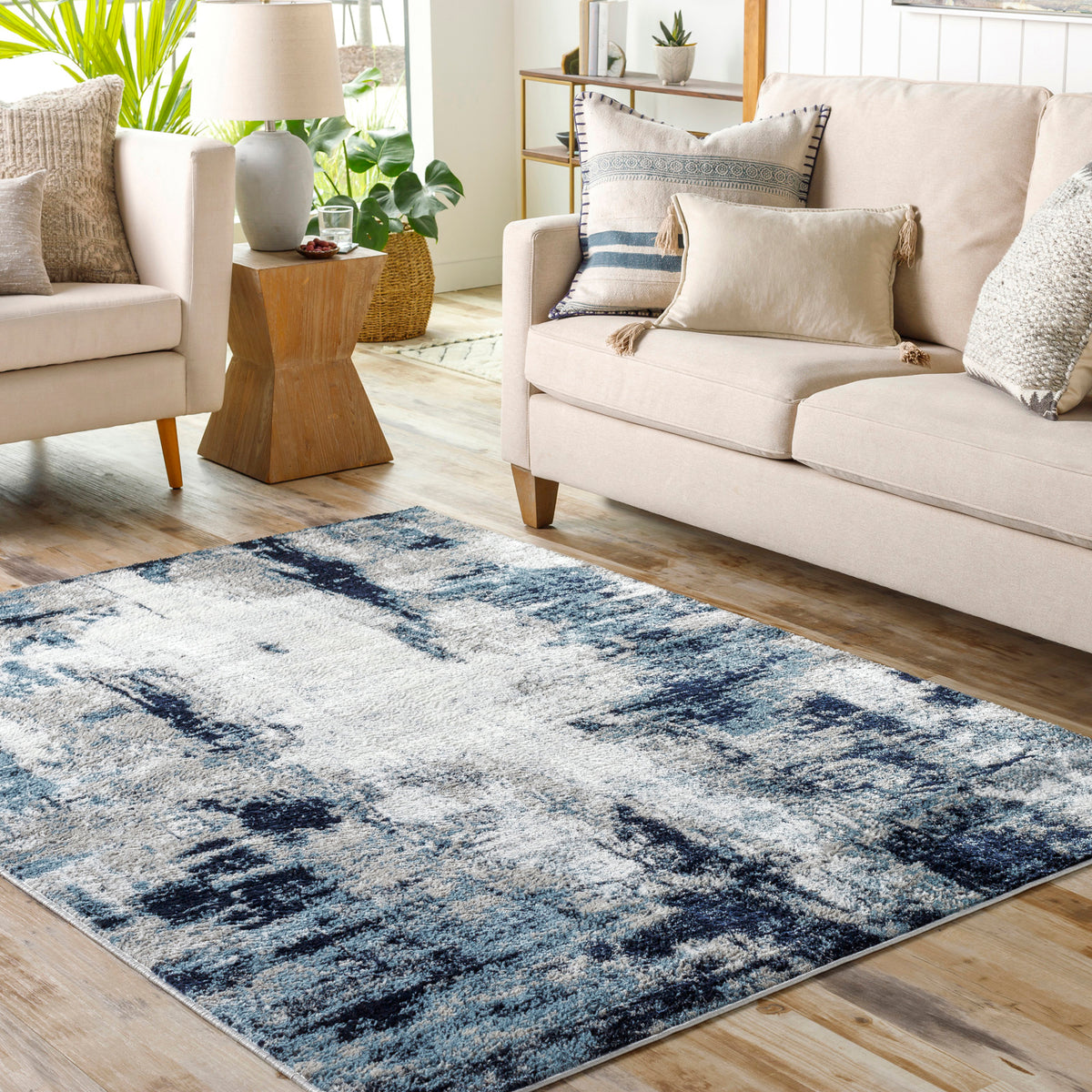 Tapis SURYA Helsinki abstrait moderne, motif coups de pinceau, bleu, blanc et gris, vue 16