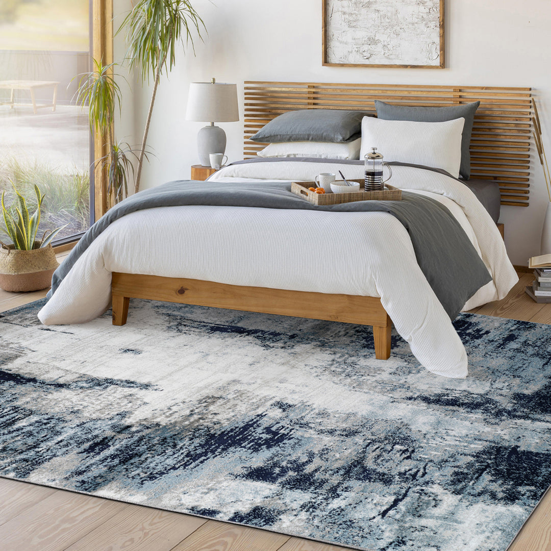 Tapis Rond Abstrait Moderne Bleu/Blanc/Gris Rond Helsinki