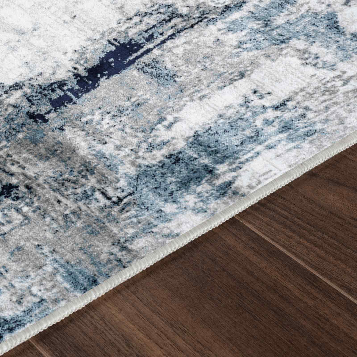Tapis rond SURYA Helsinki moderne, motif abstrait bleu encre et anthracite sur fond blanc, vue 11