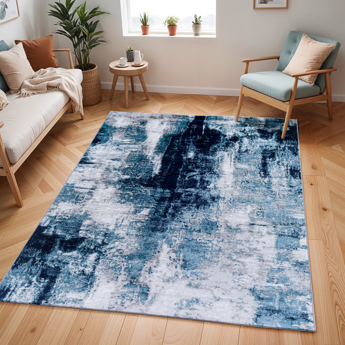 Tapis SURYA Helsinki moderne, motif abstrait façon peinture bleu encre, bleu ciel, gris et blanc, vue 8