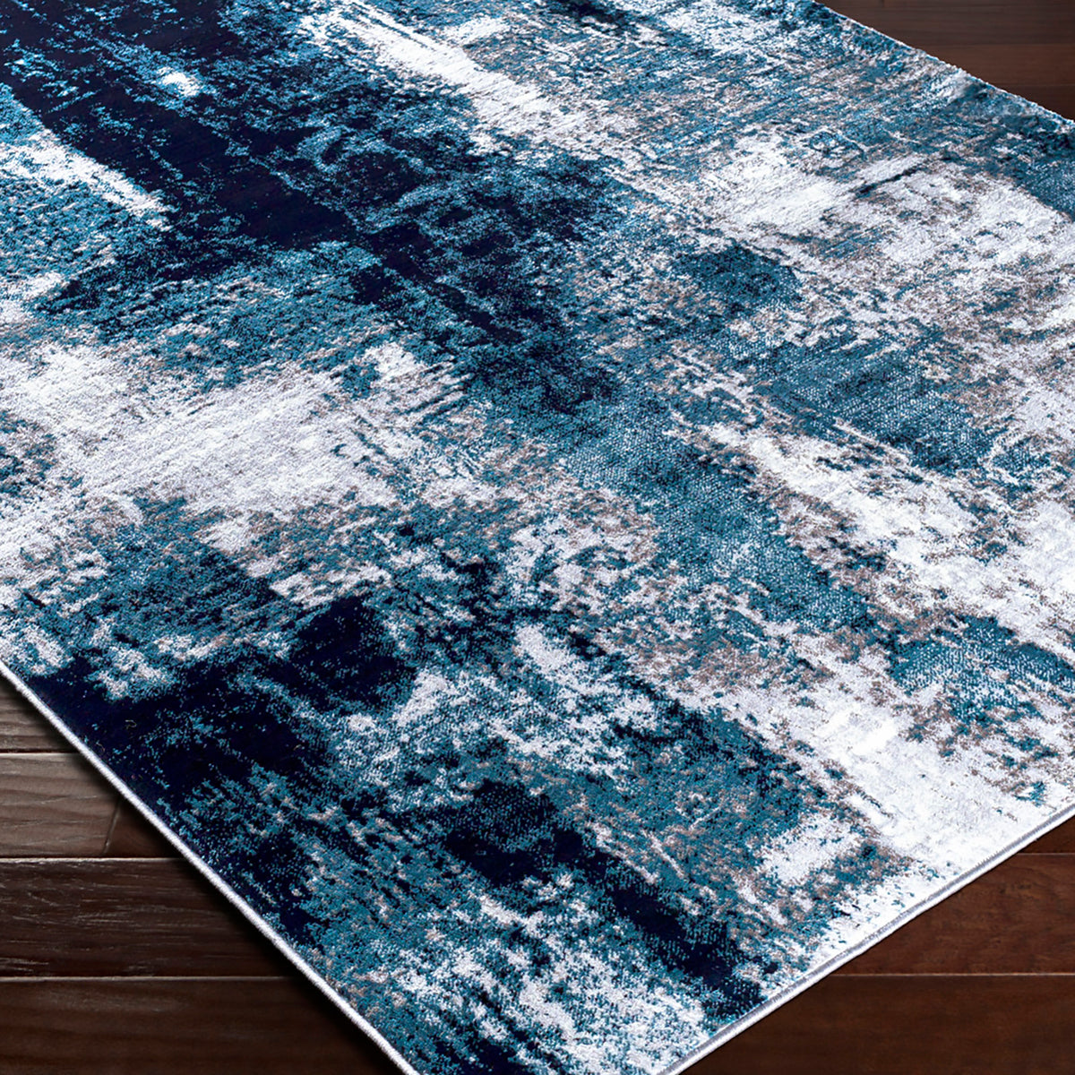 Tapis SURYA Helsinki moderne, motif abstrait façon peinture bleu encre, bleu ciel, gris et blanc, vue 6